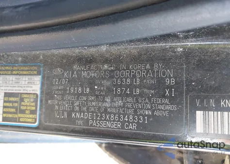 2008 Kia Rio из США, поврежденный, VIN KNADE123X86348331